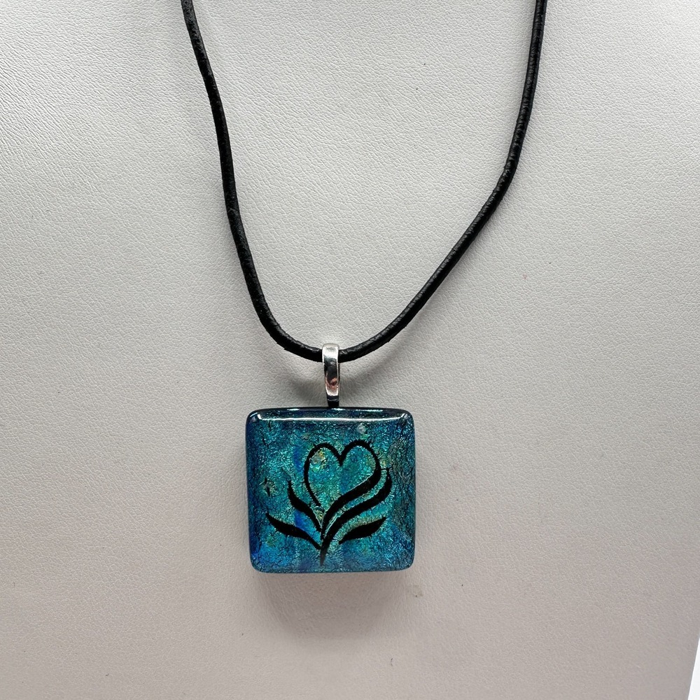 Vintage 90s Blue Dichroic Glass Heart Square Pendant Necklace Black Cord Jewelry